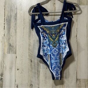 Elegant Blue and White Women Swim One Piece